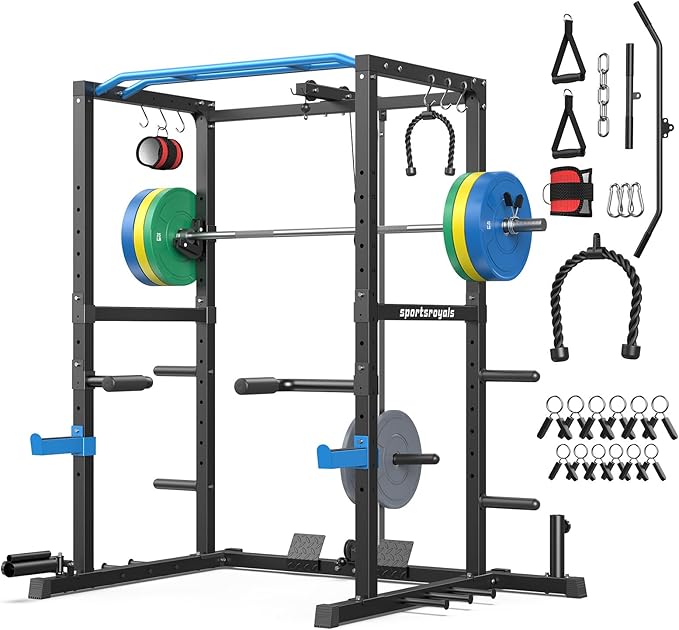 Sportsroyals Squat Rack, LAT Power Cage, Power Rack Multi-Function with Pulley System and Training Attachments for Home Gym