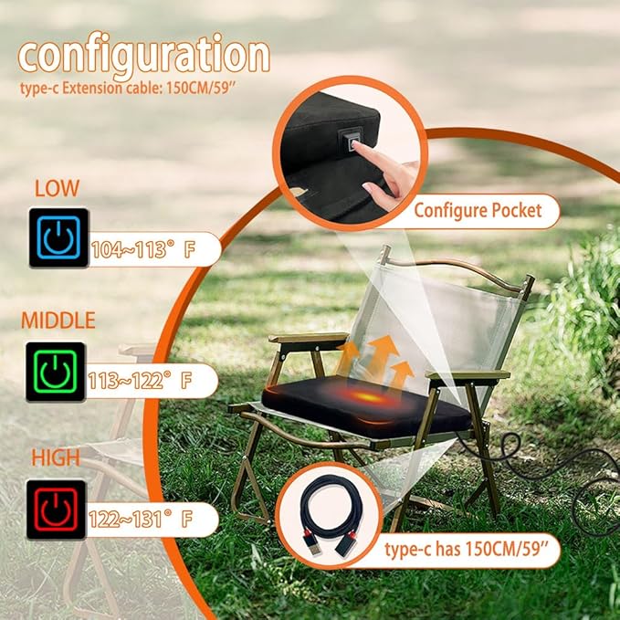Heated Seat Cushion Foldable Memory Foam Heated Seat Pad with 3 Level Heating for Camping Fishing Office Chair Stadium Seats (Power Supply Not Included) (Artificial Suede) (L-Shape) (Square)