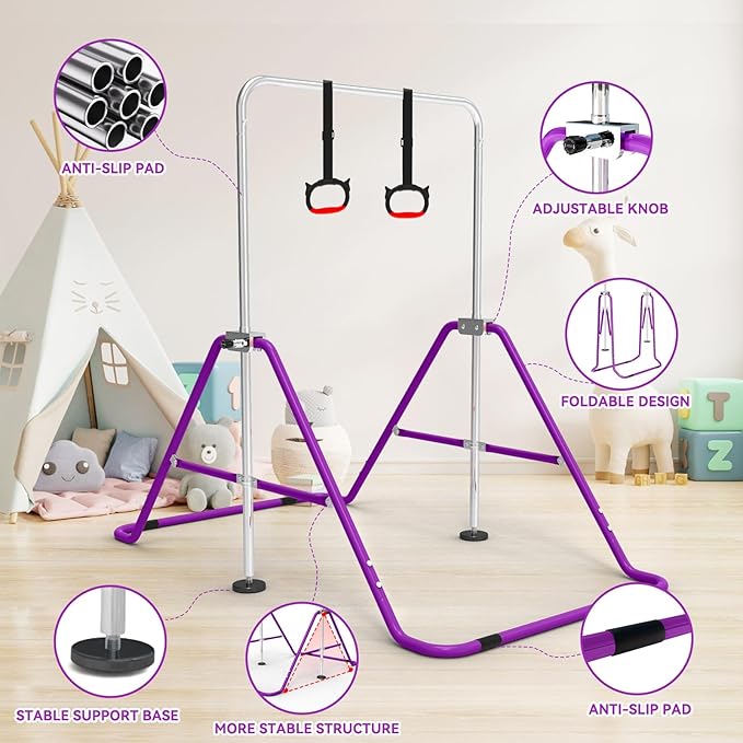 Gymnastics Bar for Kids with Gymnastics Rings, Height Adjustable Gymnastics Horizontal Bar, Foldable Bar Gymnastics Equipment for Home Room Indoor Outdoor Gym Practics, Gymnastic Bar