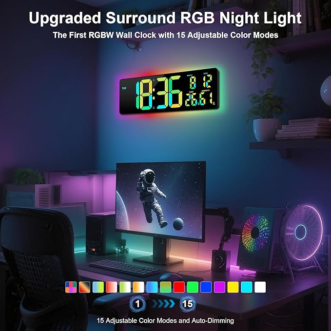 Large Digital Wall Clock 17.3", 15 Color Modes Led Large Number Digital Wall Clock, 8 Color Modes Night Lights, Auto-Dimming/DST, for Classroom Living Room Garage Gym Office, Gift for Senior Mom Dad
