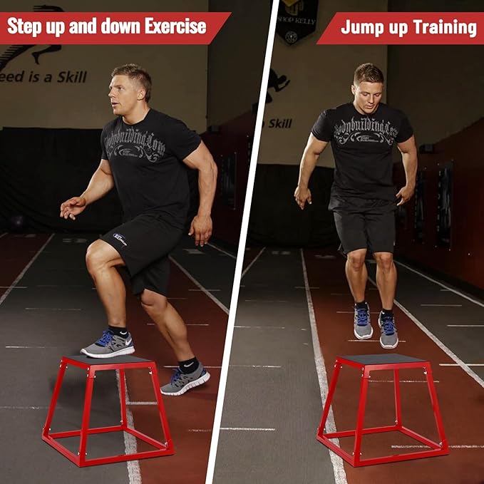 Heavy-Duty Steel Plyometric Jump Box Set, 12” 18” 24” Square Jumping Trainer with Non-Slip Rubber Top, Stackable Home Gym Fitness Equipment for Strength Training & Conditioning