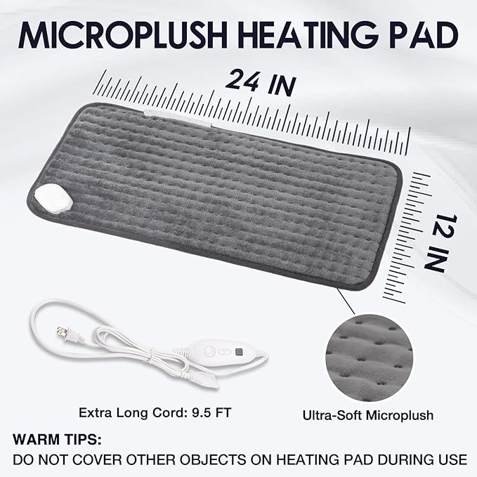 DAILYLIFE Heating Pad for Back Pain Relief, 12"x24" Electric Heating Pads for Cramps, Back, Shoulder and Neck with 6 Heat Settings, Fast-Heating Technology, Auto Shut Off, UL Certification, Gray
