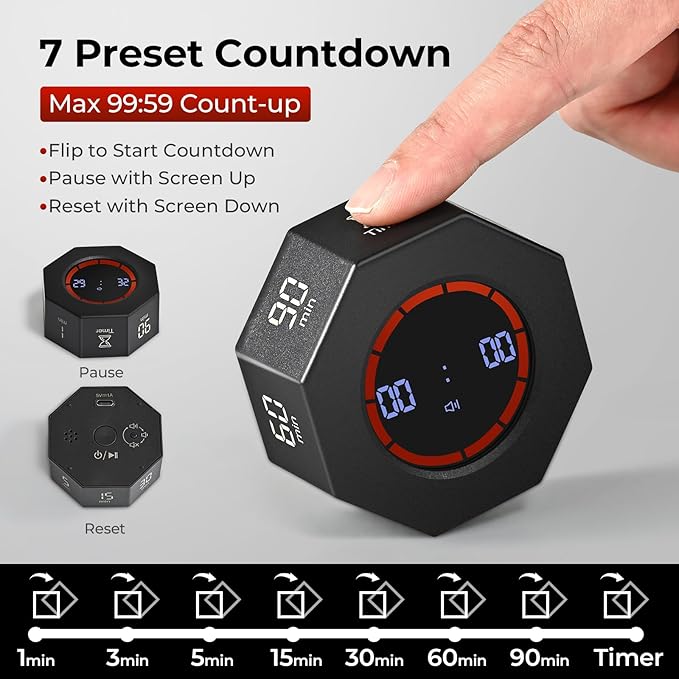 Small Rechargeable Pomodoro Timer, Gravity Sensor Auto-Rotating 7 Preset Times (1/3/5/15/30/60/90 min) & Count Up Mode, Digital Kitchen Timers for Cooking, Work and Study (Space Gray)