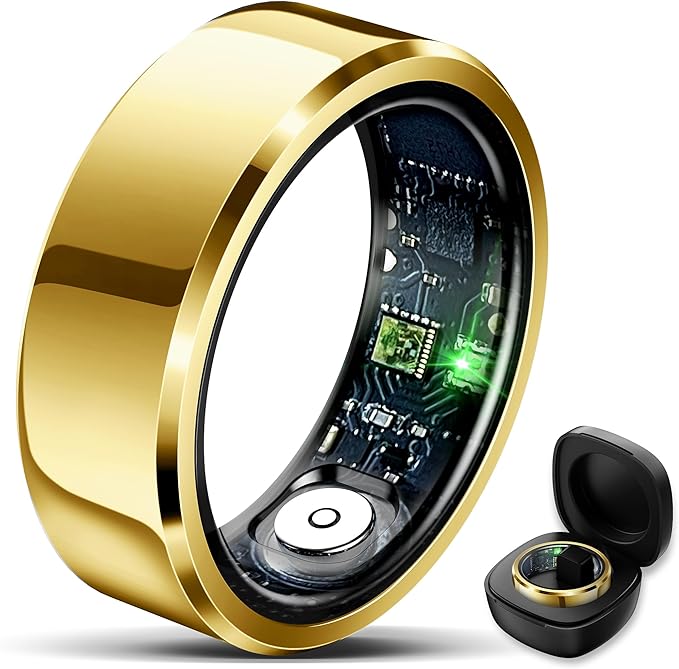 Smart Ring for Women Men Fitness Tracker with Blood Pressure,Heart Rate,Sleep Monitoring,Step Counting,for iPhone and Android,Waterproof smart blood pressure monitor,No Subscription Fees,Gold 8 size