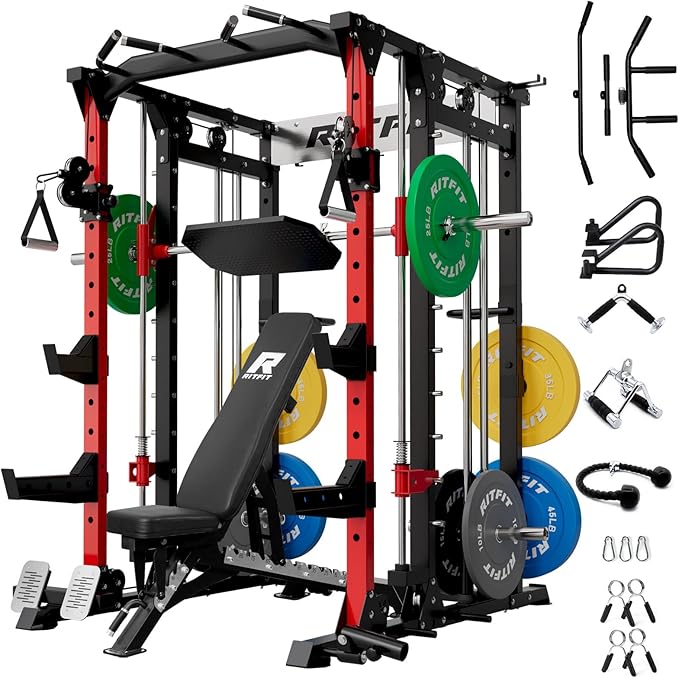 RitFit Buffalo Smith Machine, Power cage with LAT-Pull Down System & Cable Crossover System, All-in-One Squat Rack for Home Gym, Power Rack