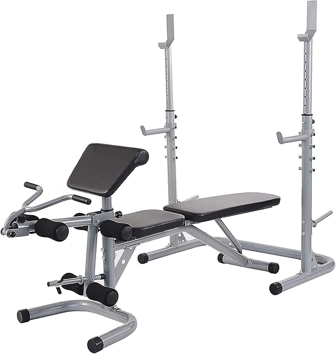 BalanceFrom RS 60 Multifunctional Workout Station Adjustable Olympic Workout Bench with Squat Rack, Leg Extension, Preacher Curl, and Weight Storage, 800-Pound Capacity, Gray