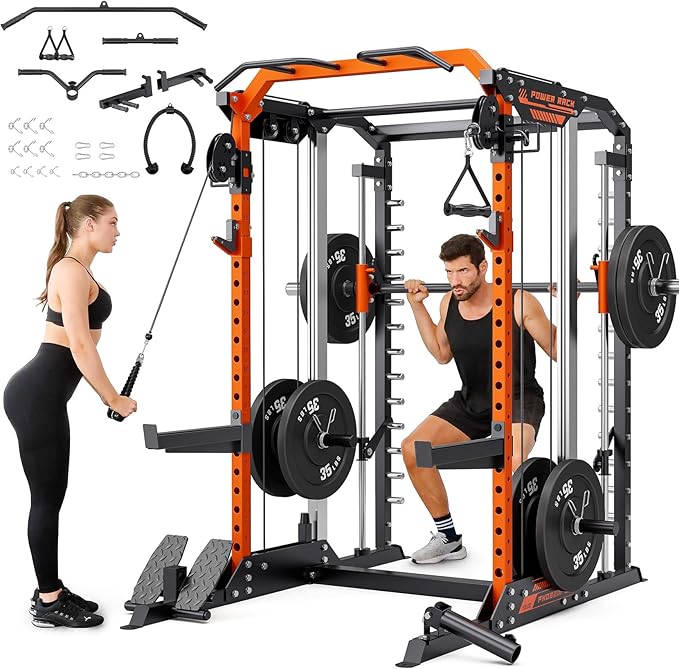YOLEO Smith Machine & Squat Rack Combo, Multi-Functional Power Racks with Adjustable Width & Pull-Up Bar, Cable Crossover Power Cage, Independent Dual-Pulley System for Home Gym Garage Basement