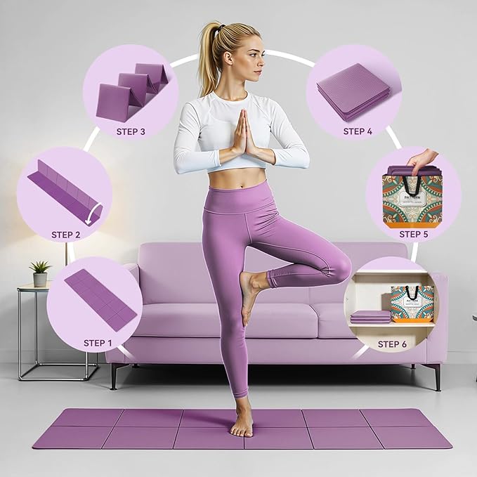 Foldable Yoga Mat Thick Non-Slip Exercise Mat - Packable Travel Fitness Mat with Carrying Bag for Yoga, Pilates, Workout, Home & Gym