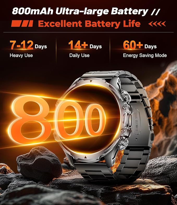 Militrary Smart Watch for Men,1.85" HD/800mAh Battery Smart watches for Android/iOS (Bluetooth Call Answer/Calls)Fitness Tracker,100+ Sports/LED Flashlight/IP68 Waterproof/Sleep Tracker Smartwatch