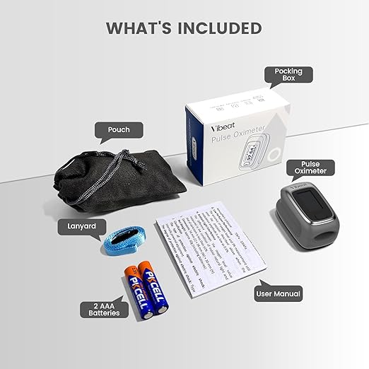 Fingertip Pulse Oximeter, Vibeat Portable SPO2 Monitor with Pulse Rate, Finger Blood Oxygen Saturation Meter with 12 Sets of Data Records, Gray