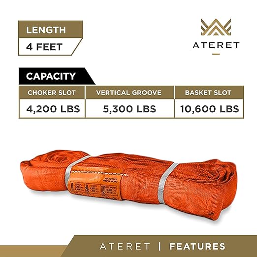 ATERET Powerlift Orange Polyester Endless Round Sling - 4 Feet Length, 25,000 lb. Vertical Capacity, 42,400 lbs Basket - Heavy Duty Poly Lifting Sling