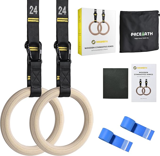 PACEARTH Gymnastics Rings 32mm Wooden Olympic Rings Support 1500lbs Locked Carabiners 9ft Double-Layer Numbered Straps Non-Slip Gym Rings with Foot Straps Door Anchor for Home Gym Full Body Workout