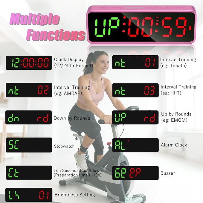 Small Gym Timer Clock Stopwatch Magnetic Workout Interval Timer, Large LED Digital Display, Home Accessories Countdown Clock for Home Gym Garage Schools (Matte Pink)