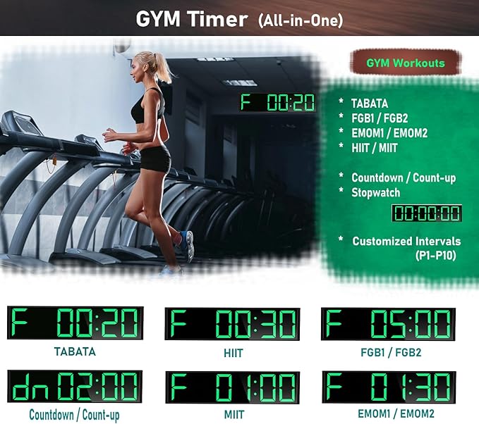 26'' Huge Clock (5.3'' Digits), Gym Timer, Home Gym Clock, Interval Workout Timer, with 8 Alarms, 7-Color Night Lights, for HIIT/Tabata/EMOM/FGB/Boxing (Green)