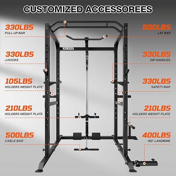 JELENS S21 Power Cage, Multi-Function Power Rack with Adjustable Cable Crossover System, 2000LBS Squat Rack for Home Gym with More Training Attachments