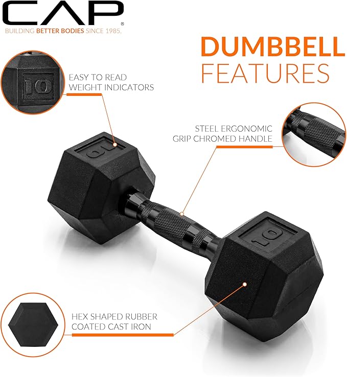 CAP Barbell Coated Hex Dumbbell Weight - Single | 10-120 lbs | Multiple Options