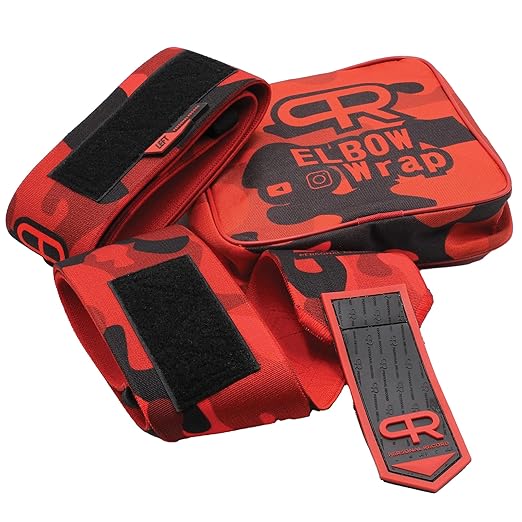 PR Personal Record Elbow Wraps for Weightlifting - Heavy Duty Construction, 25% More Elasticity, Reinforced Stitching, Extra Wide Fastener, Easy to Adjust, (Red Camo)