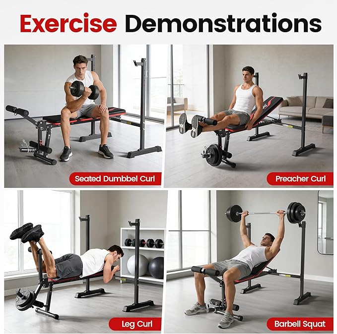Weight Bench Set, 880LBS Adjustable Bench Press Set with Leg Extension and Barbell Rack, Safety Bar Catches, Fasting Foldable Workout Benches for Home Gym Fitness