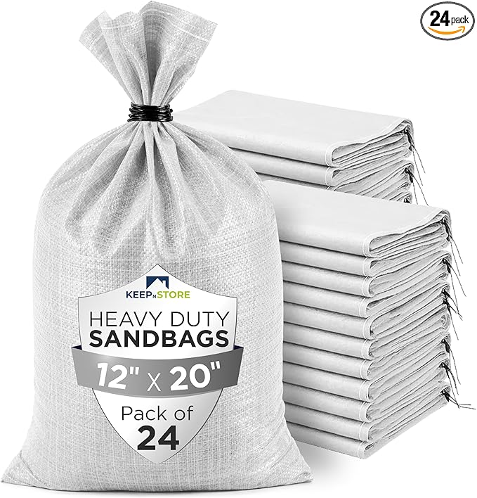 Heavy Duty Sand Bags Pack of 24, White Empty Sandbags with Built-In Ties, Woven Polypropylene UV Protection 1600 Hours, Fillable Bags for Flood Control, Weight, 12x20 inches, 25 Pounds Volume