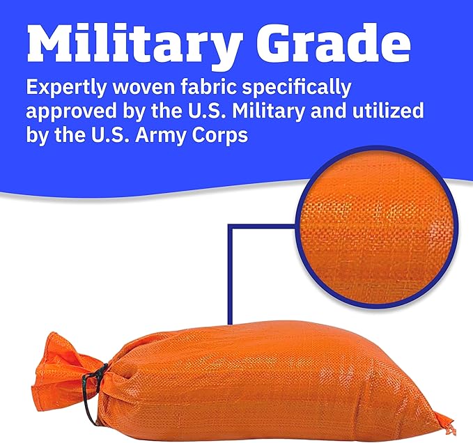DURASACK Heavy Duty Sand Bags with Tie Strings Empty Woven Polypropylene Sand-Bags for Flood Control with 1600 Hours of UV Protection, 50 lbs Capacity, 14x26 inches, Orange, Pack of 10