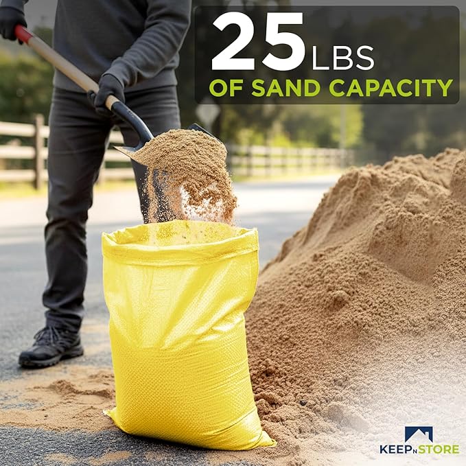 Heavy Duty Sand Bags Pack of 5, Bright Yellow Empty Sandbags with Built-In Ties, Woven Polypropylene UV Protection 1600 Hours, Fillable Bags for Flood Control, Weight, 12x20 inches, 25 Pounds Volume