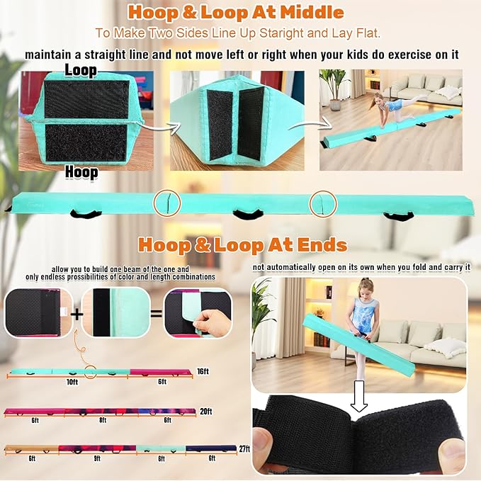 MARFULA 6 FT / 8 FT / 9 FT Folding Gymnastics Beam Foam Balance Floor Beam - Extra Firm - Suede Cover - Anti Slip Bottom with Carry Bag for Kids/Adults Home Use