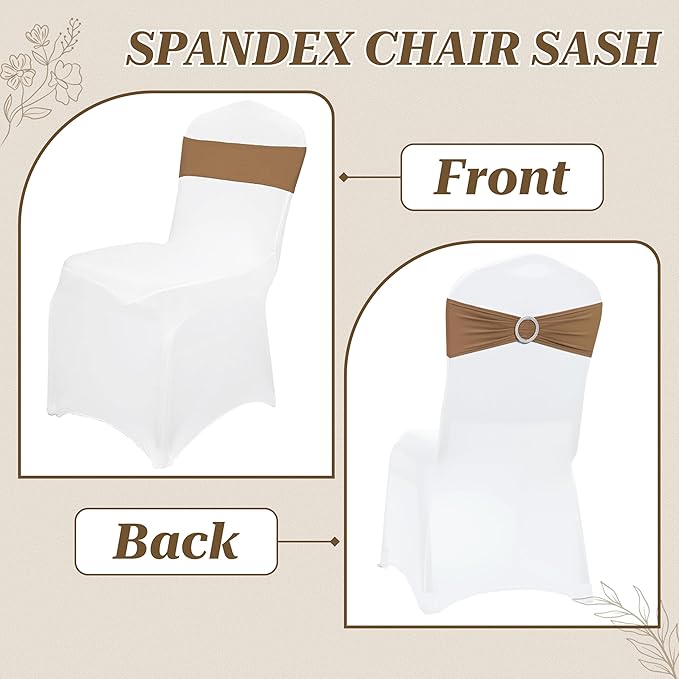 VDS - Mocha | Spandex Chair Sashes Bows | 300 PCS | Stretch Elastic Banquet Universal Folding Chair Band Tie with Silver Buckle Slider for Wedding Party Conference Celebration Event Decoration