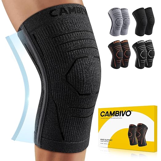 CAMBIVO Knee Brace for Women and Men with Side Stabilizer 2 Pack, Lightweight Latex Free Knee Compression Sleeves for Knee Pain Relief, Knee Sleeves for Running, Workout and Daily Activities (Black, Large)