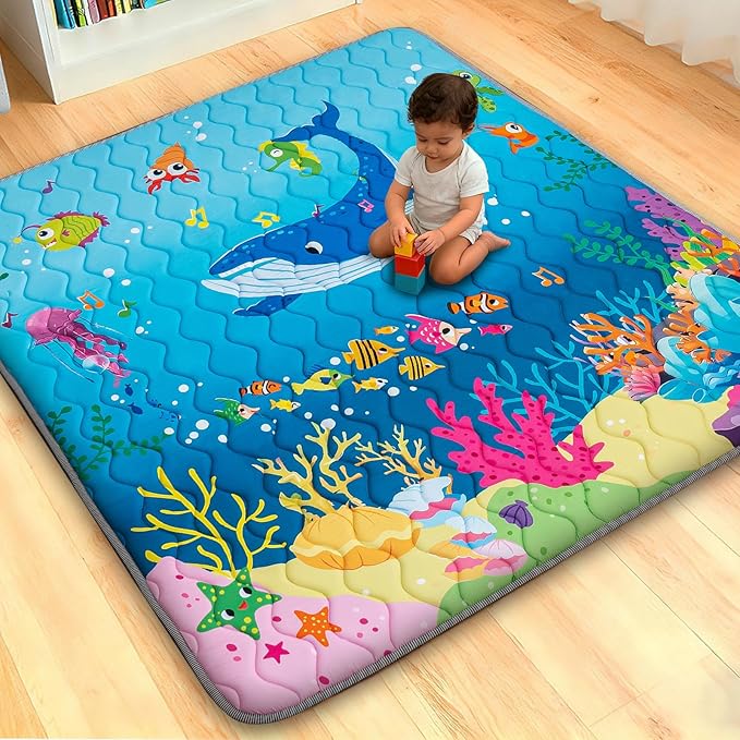 RONGFA Baby Play Mat for Floor, 50'' x 50'' Thicken Foam Soft Padded Mat for Baby, Playpen Mat for Toddlers Infant Kids, Machine Washable, Non-slip Bottom Safe for Crawling (Sea)
