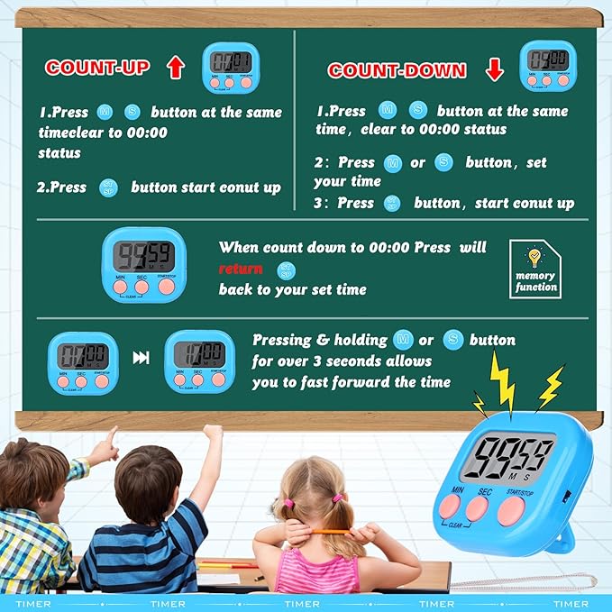 Mwellewm Digital Timers for Classroom Kitchen Timers for Cooking Small Magnetic Stopwatch Mini Countdown Loud Alarm Stop for Study Work Baking Sports Games Office(Pink, Blue, Green, Orange, 12Pcs)