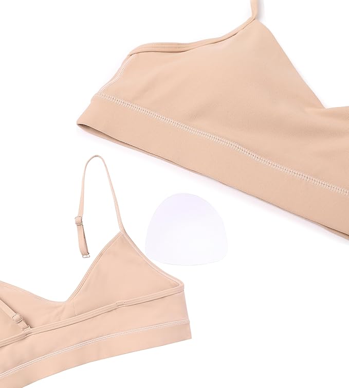 Oalka V Neck Sports Bra for Women Adjustable Padded Thin Straps Wireless Yoga Bras