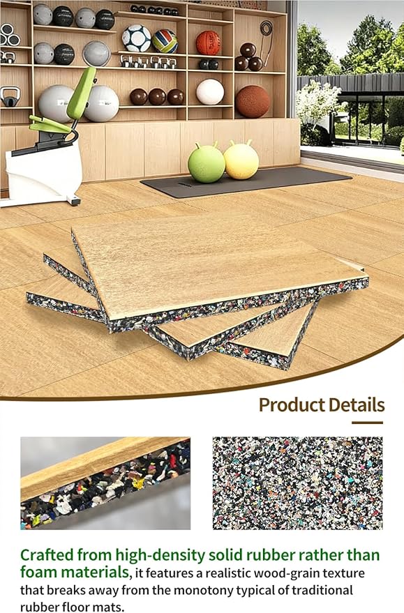 Goodhoily Wood Grain Solid Rubber Floor Mat, 19.7 x 19.7 Inch, 3/5 Inch Heavy Duty Strength Training Equipment Shock Absorbing Pad (1, Light Oak Wood Grain Solid Rubber mat)