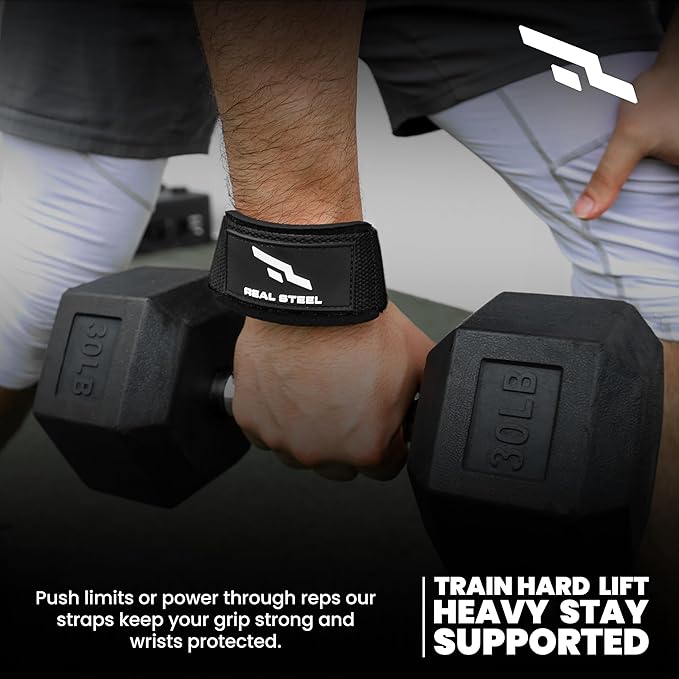 Real Steel Lifting Wrist Straps for Weightlifting, Bodybuilding, Powerlifting, Strength Training, & Deadlifts - Padded Neoprene with 24 inch Cotton