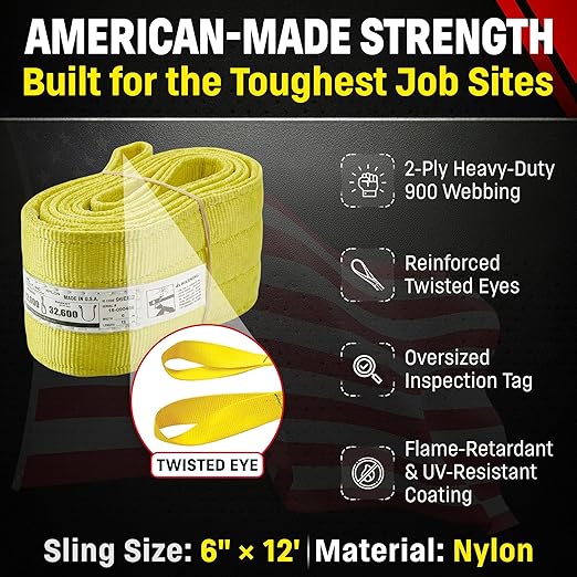 DD Sling 6 Inch x 12 Foot Nylon Lifting Sling – USA Made, 16,300 lb Vertical, 13,000 lb Choker, 32,600 lb Basket – 2-Ply Heavy Duty 900 Webbing, Type 4 Twisted Eye & Eye Rigging Sling
