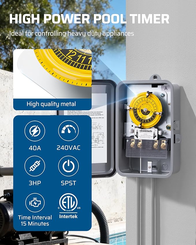 DEWENWILS T104M 24-Hour Mechanical Timer Switch (Mechanism Only), 208-277VAC DPST, 5HP 40A Pool Pump Timer Replacement, Heavy Duty, Manual Override, 2 ON/Off Time Switch for Pool Pump, Water Heater