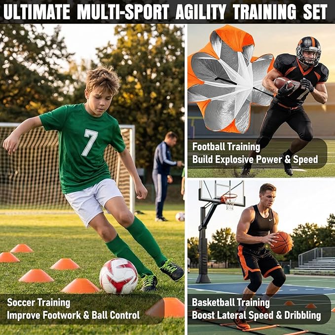 Agility Ladder, Agility Speed Training Equipment Set, 20ft Speed Ladder, 12 Soccer Cones, 4 Hurdles, Jump Rope, Running Parachute, Soccer Football Basketball Training Equipment Accessories
