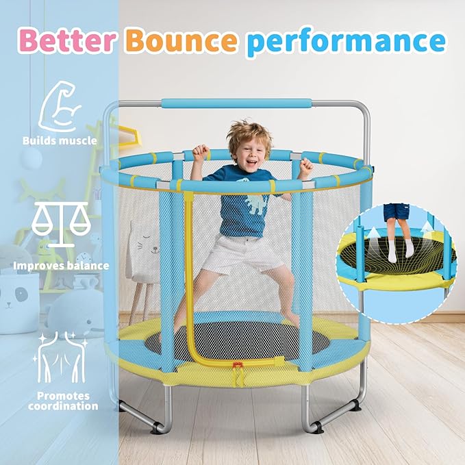 HomeCare 55" Trampoline for Kids, 440lbs Capacity ASTM-Approved Mini Toddler Trampoline with Safety Enclosure Net,4 in 1 Adjustable Gymnastics Bar & Toys, Indoor & Outdoor, Gifts for Boys & Girls Age