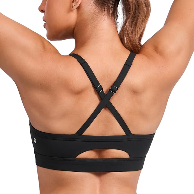 CRZ YOGA Butterlift Cut-Out Cross Back Sports Bras for Women - Medium Impact Adjustable Thin Straps Pilates Padded Gym Tops