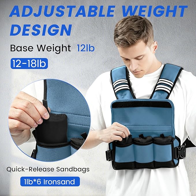 Adjustable Weighted Vest Woman Men, 6-12lb/12-18lb/20-32lb Weight Vest with 6 Ironsand Weights for Strength Training Rucking Running Walking Fitness Workout