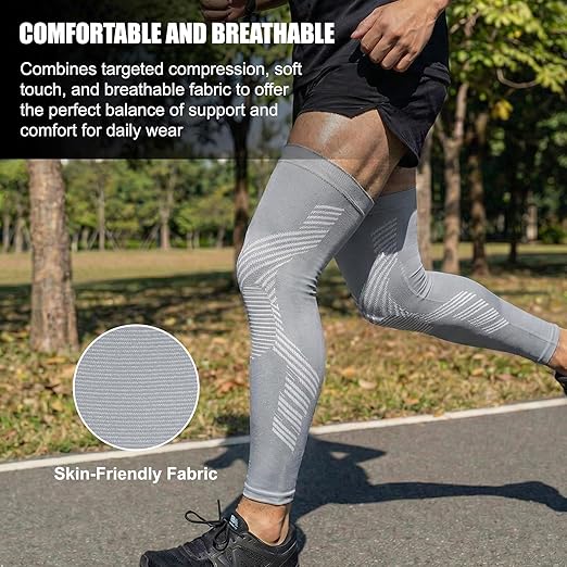 NuCamper Full Leg Compression Sleeves for Men and Women,2 Pack Legs Sleeves Long Knee Brace Support for Running, Basketball, Cycling, Workout, Sports - Gray,XL
