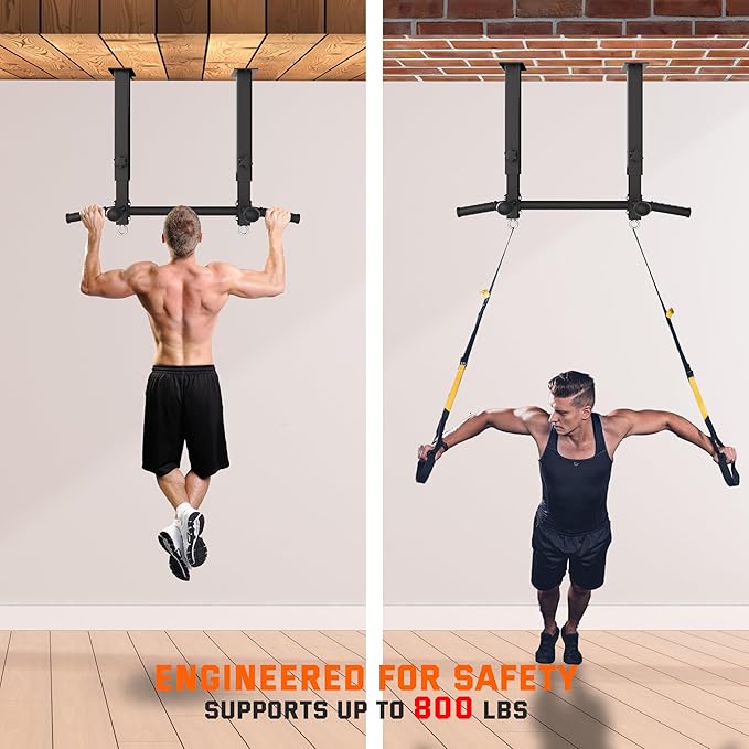 24" Ceiling Mount Pull Up Bar for Garage/Basement/Rafter - Heavy Duty 800LBS Adjustable Height Multi-Grip Chin Up Bar,Ceiling Joist/Beam