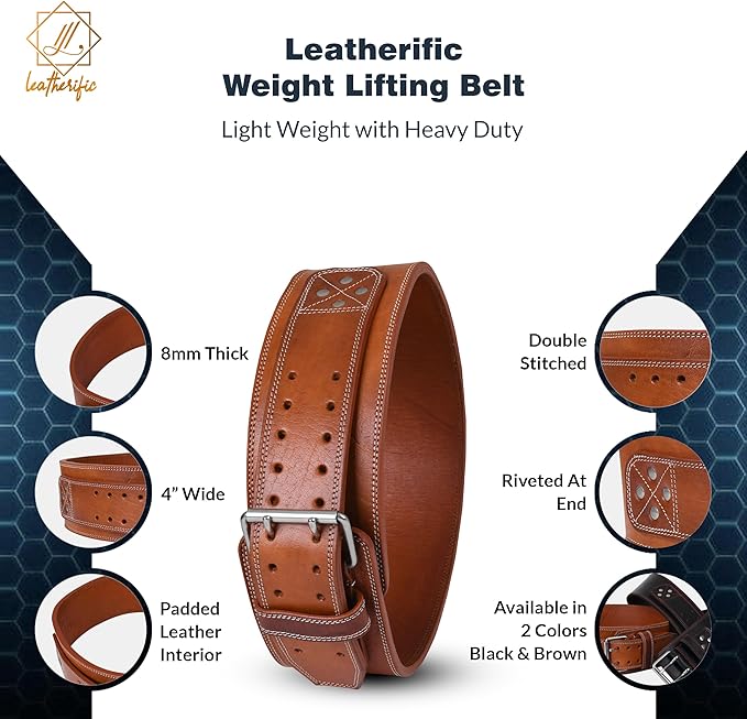 Premium Leather Weight Lifting Belt for Men & Women - 8MM Thick, 4" Wide, Heavy Duty Gym Belt with Steel Buckle for Weightlifting, Powerlifting, Strength Training, Squat or Deadlift Workout, Lower Back Support
