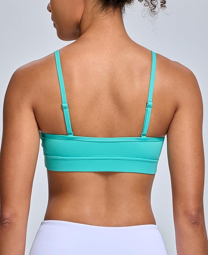 Oalka V Neck Sports Bra for Women Adjustable Padded Thin Straps Wireless Yoga Bras