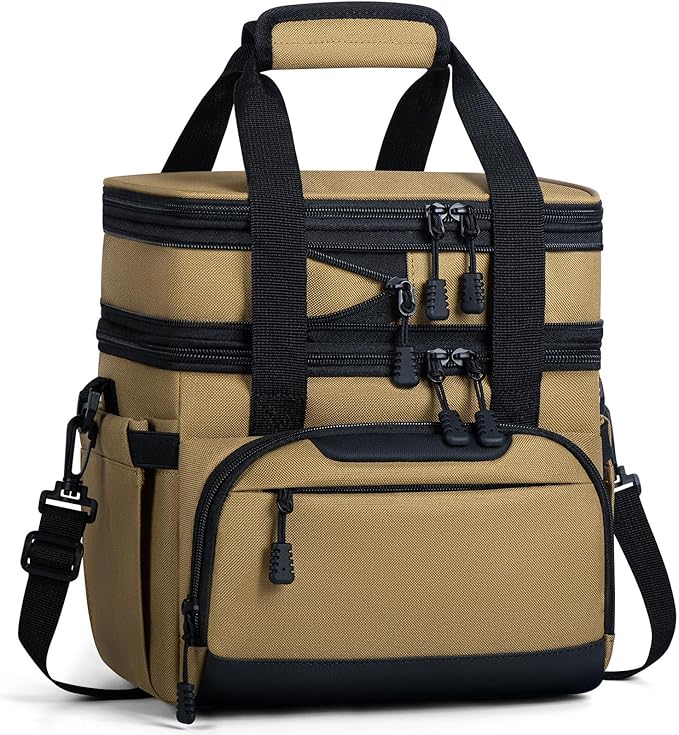 Large Lunch Box for Men/Women Dual-Compartment Insulated Lunch Bag,Adults Expandable Leakproof Cooler Bag Lunch Tote with Adjustable Shoulder Strap for Work Camping Picnic,Khaki 24-Can(14L)