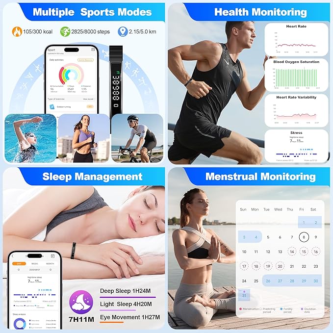 Smart Bracelet for Women Men, Health Activity Fitness Trackers, 24/7 Heart Rate, Blood Oxygen & Stress Monitor, 24H Sleep Tracker, Smart Wristband, Black