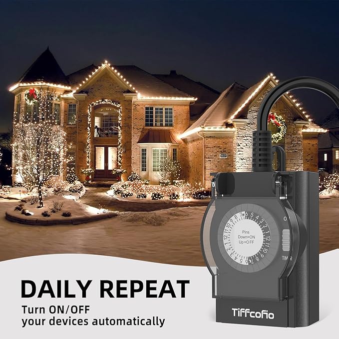 TiFFCOFiO Outdoor Timer Outlet Waterproof, 24 Hour Mechanical Light Timer Outdoor, 2 Grounded Outlets for Home and Garden, 15A 1/2HP, Heavy Duty, ETL Listed (1 Pack)