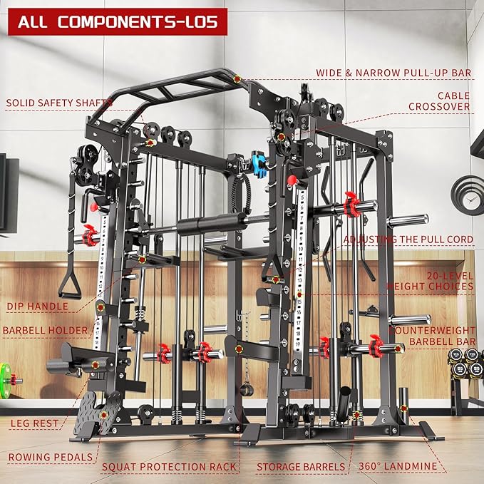 Multi-Purpose Squat Rack,Smith Machine Weight Rack Set with Cable Crossover System, Home Gym Power Racks, Power Racks and Packages