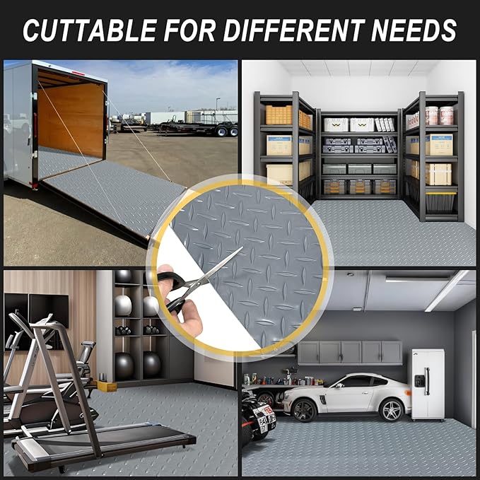 4x8FT Garage Floor Mat, 2.8mm Thickened Flooring Roll for Under Car, Golf Cart Parking Mat, Diamond Plate PVC Rubber Motorcycle Mat, Non-Slip Floor Protector for Garage Warehouse Trailer, Grey
