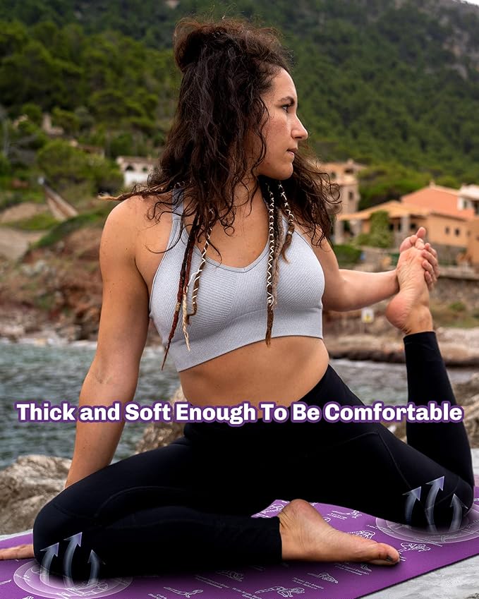 Instructional Travel Yoga Mat with 75 Poses & Exercises - Christmas Gifts for Wife and Girls, Non-slip Exercise Mat for Home Workout, Includes Carrying Bag, 68"x24"x0.25"