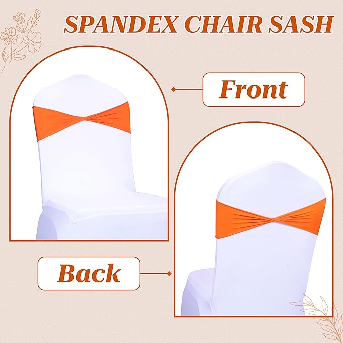 MDS Pack of 10 Spandex Chair Sashes Bows Elastic Stretch Dining Chair Bands Ties Without Slider Buckle Universal fits for Wedding Baby Shower Birthday Party Banquet Event Decoration - Orange